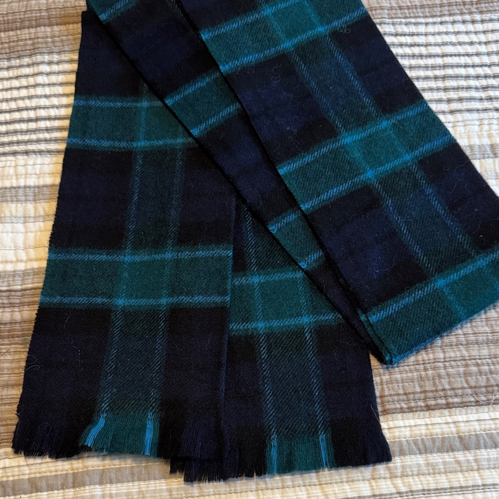 Vintage Tartan Wool Scarf in Black, Blue and Green